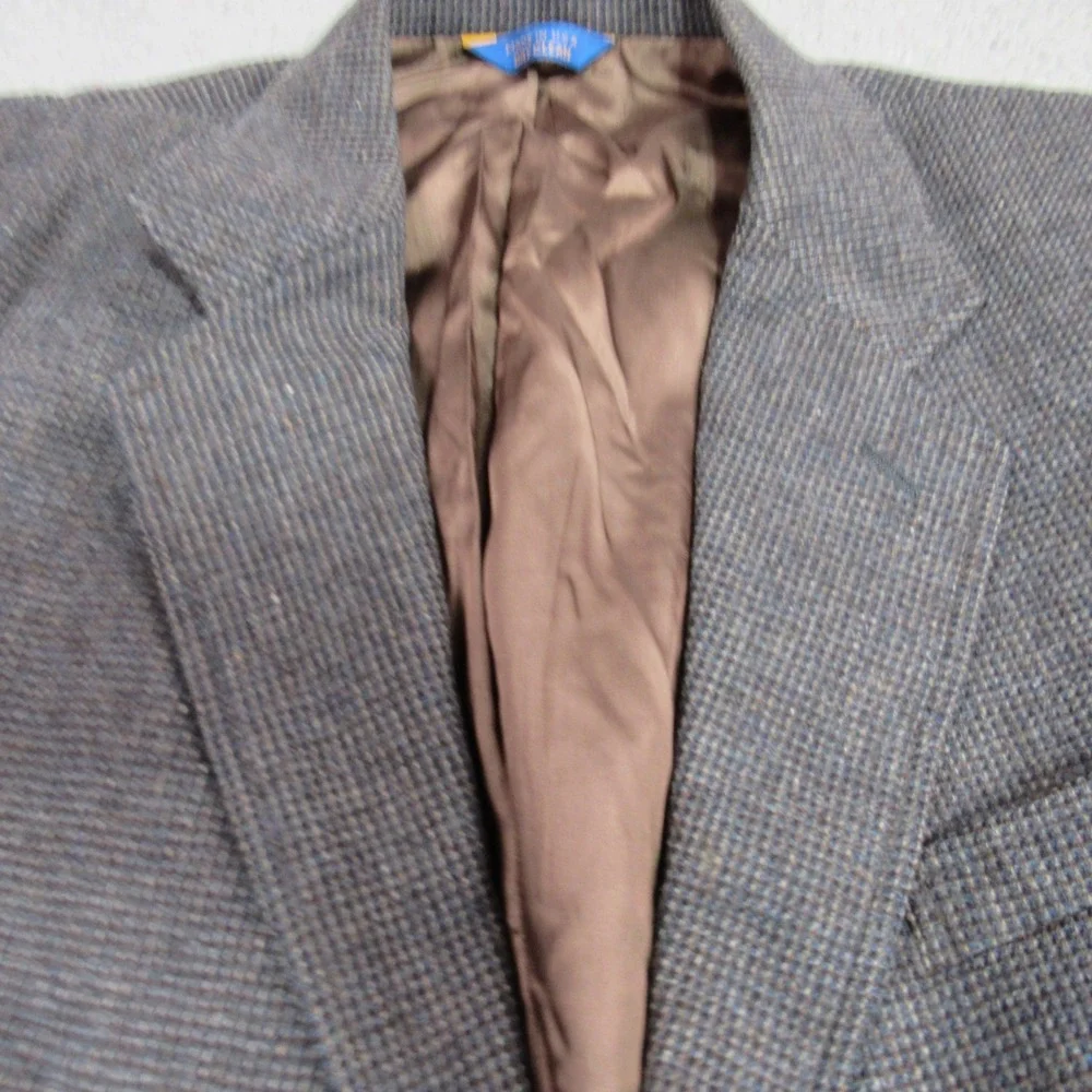 Pendleton Mens 44 Wool Blazer Grey Blue Micro Check Suede Elbow Patch Made in US